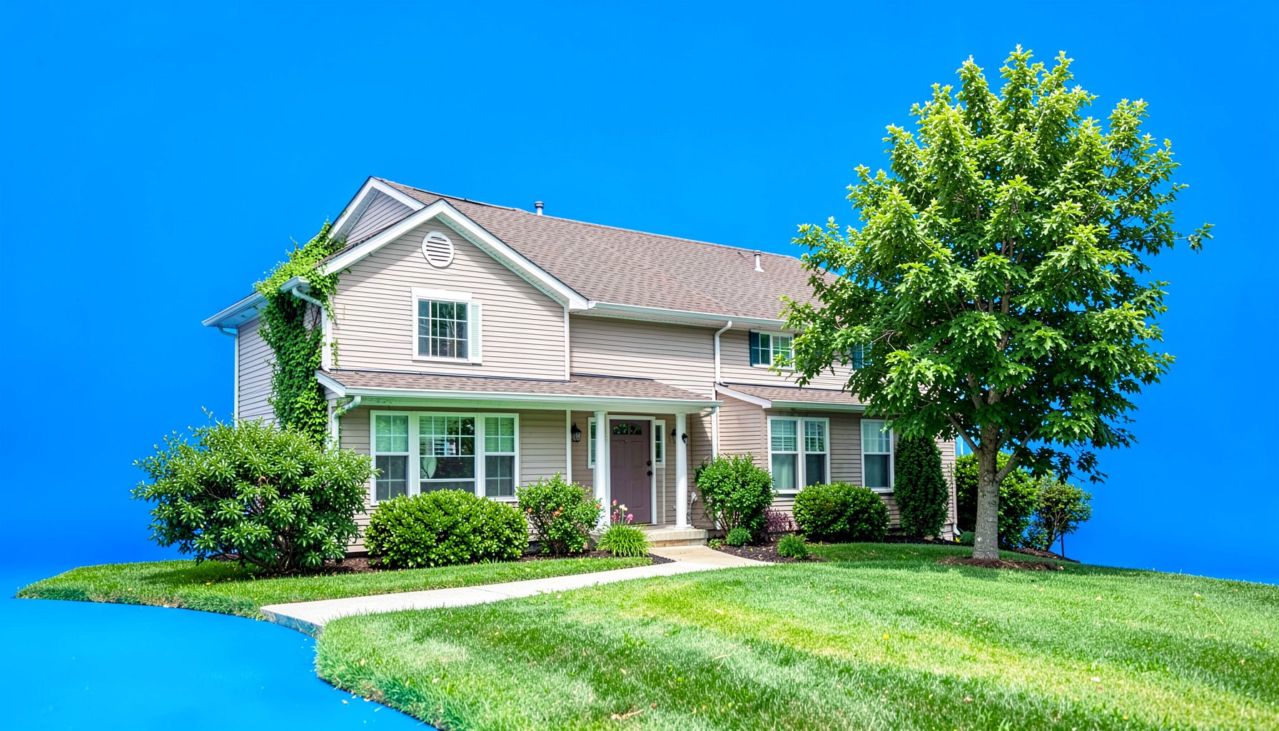 A photograph of a suburban home exterior with trees and a lawn on a sunny day
