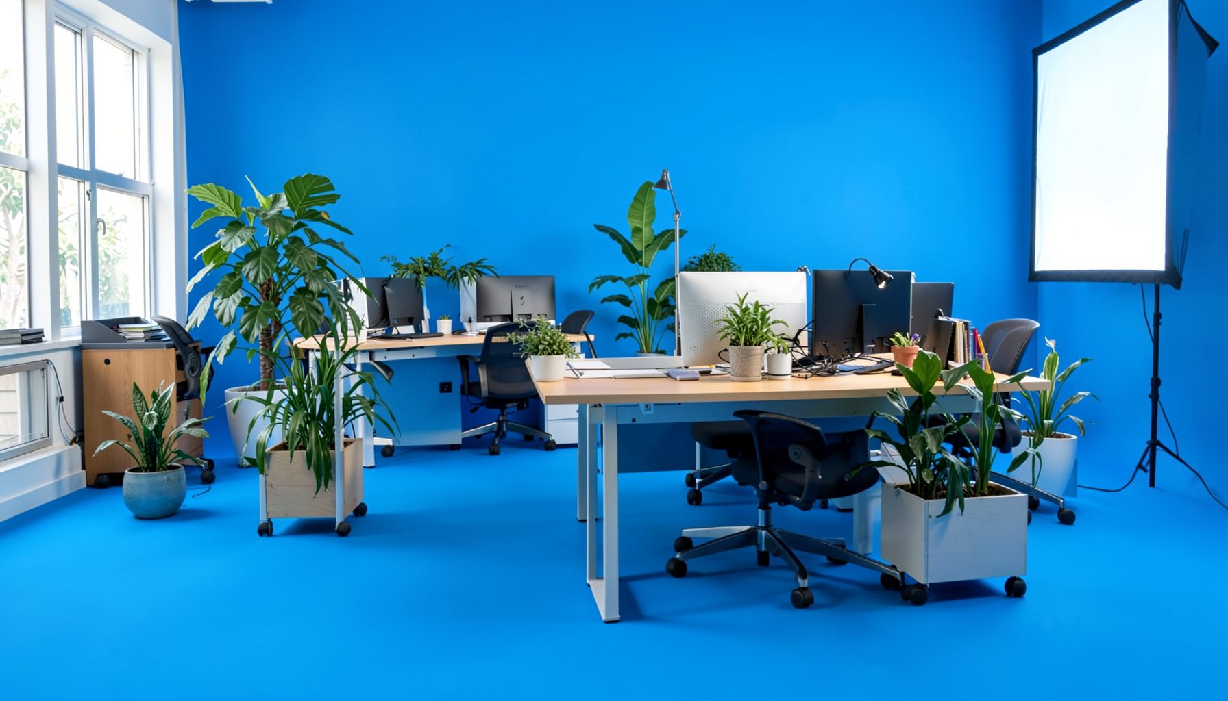 A photograph of an office workspace with plants and natural light