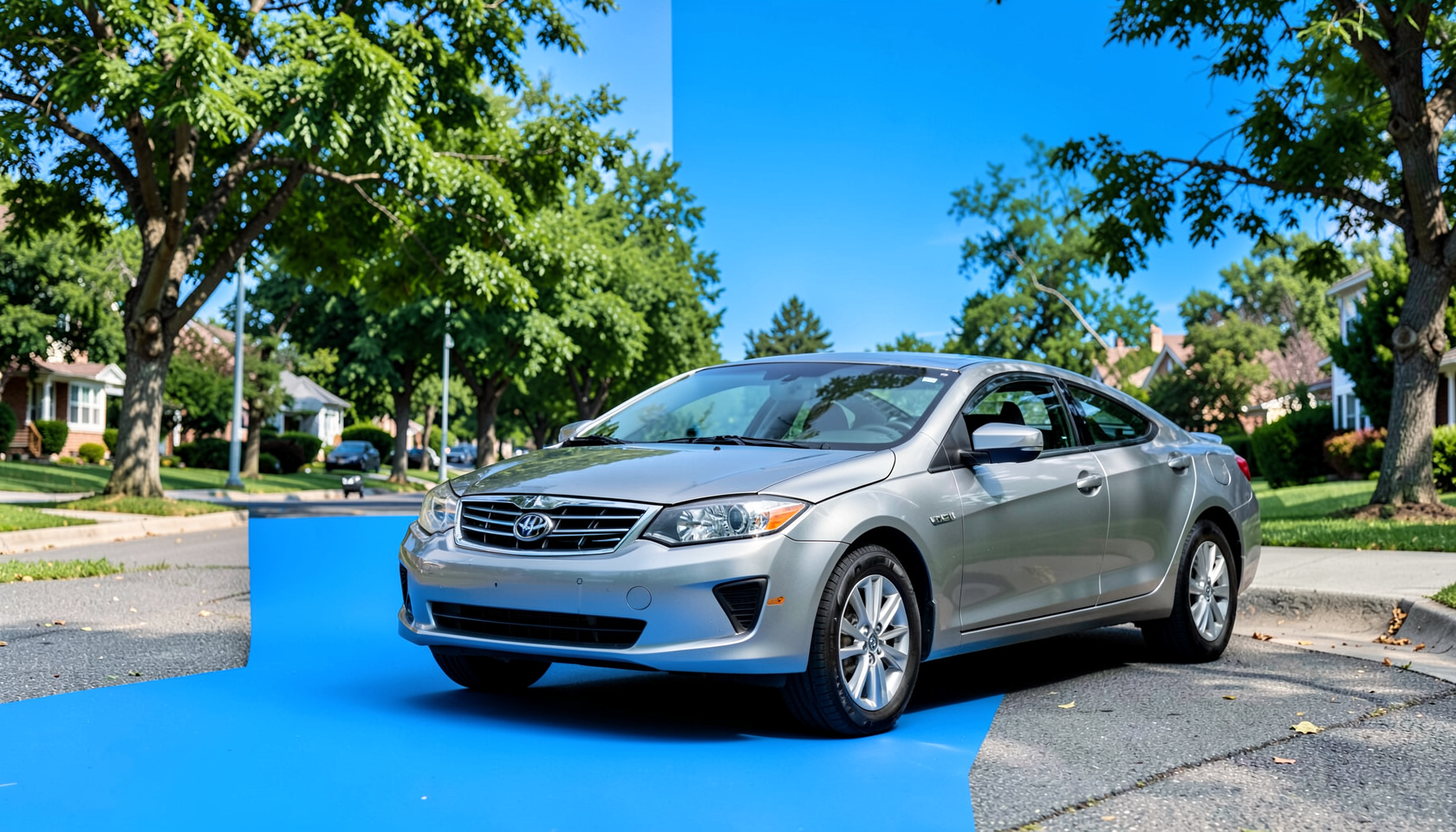 A car parked at a curb with the engine off, driver's hand removing the key, on a tree-lined suburban street under a blue sky, emphasizing the choice to stop idling.