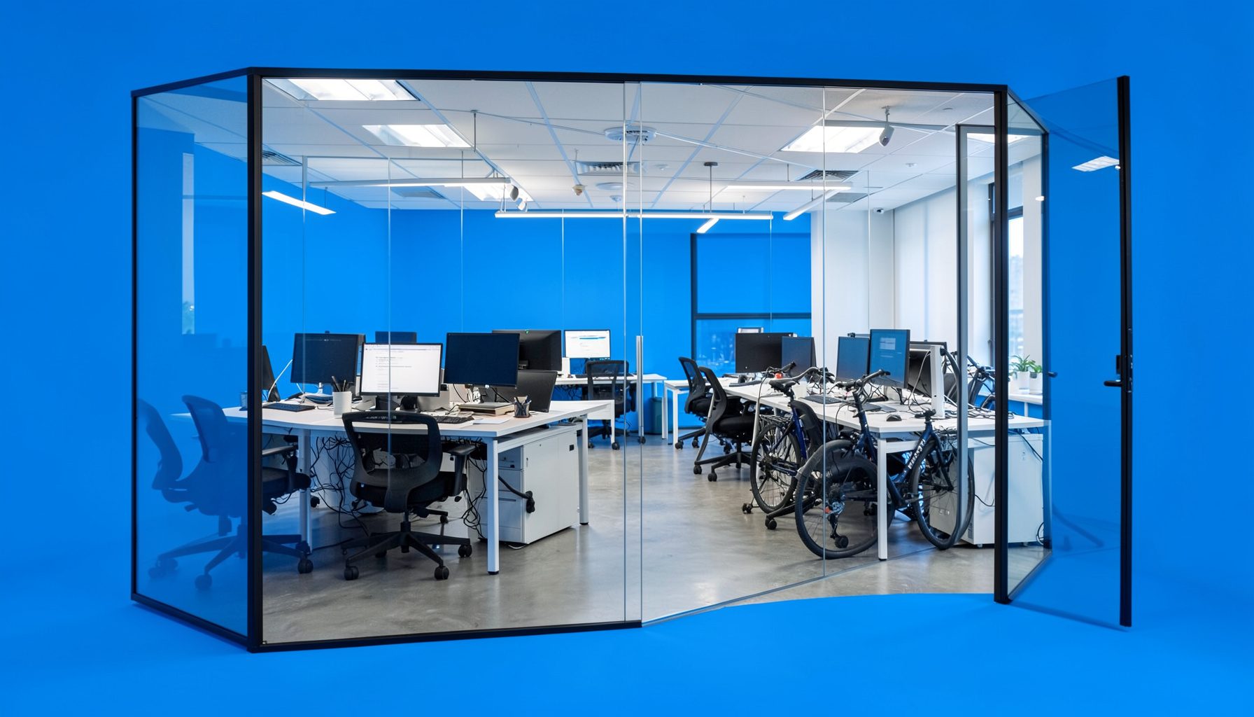 A modern open-plan office with desks, monitors, and a bike rack visible through a glass wall, suggesting a workplace that supports clean commuting and sustainable practices.