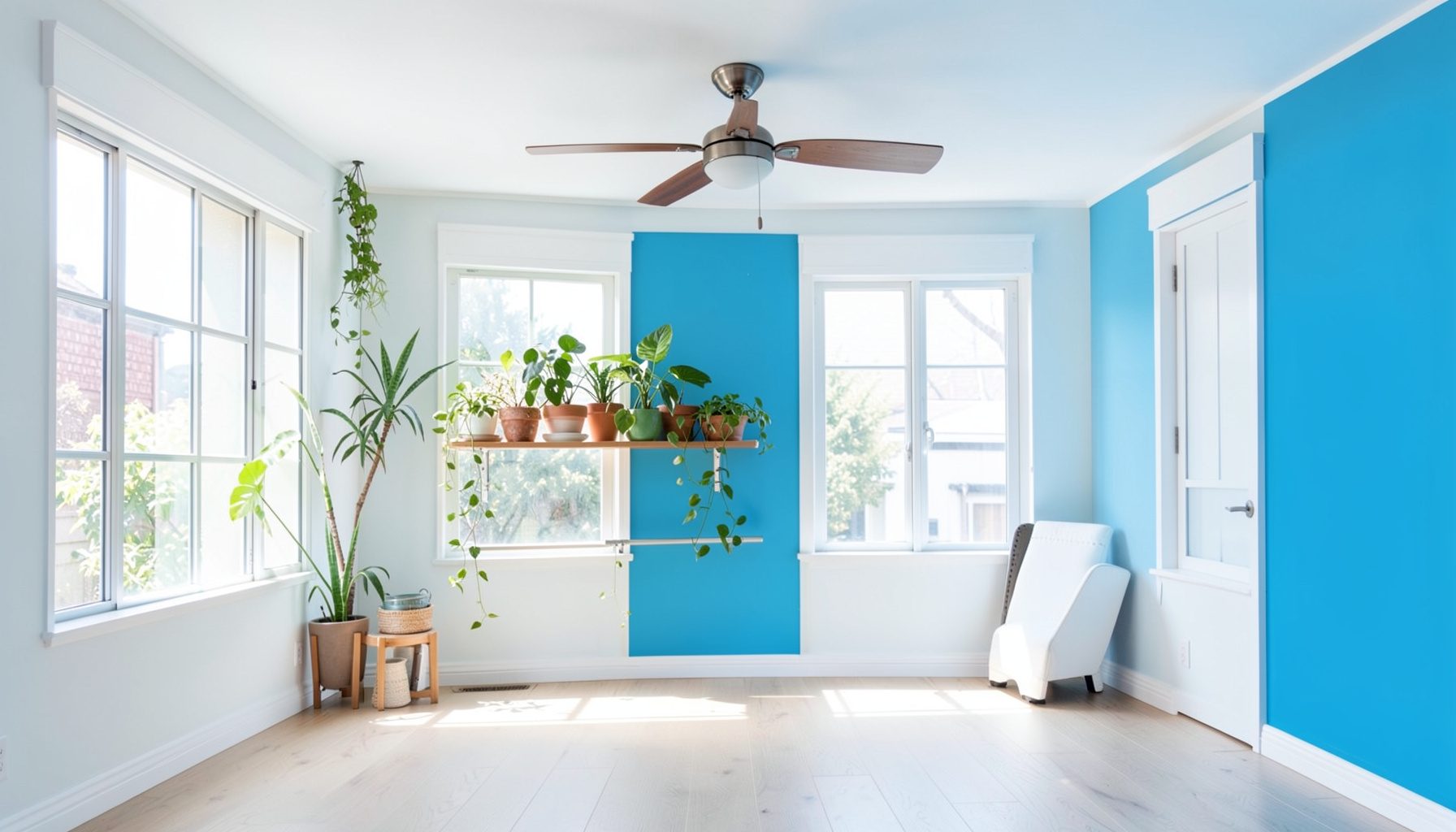 A bright, airy living room interior with natural light streaming through windows, houseplants on a shelf, and a ceiling fan gently turning, suggesting energy-conscious home living.