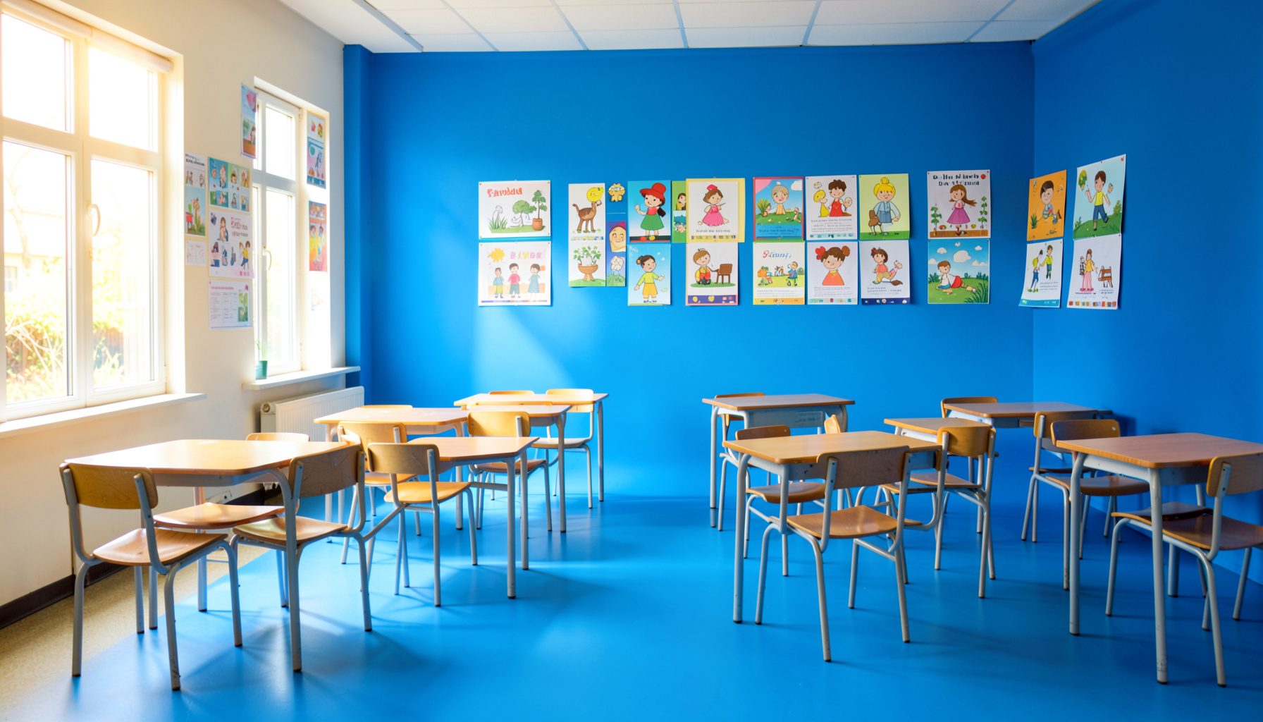 A bright elementary classroom with colorful educational posters on the wall, warm natural light streaming through windows, and small desks arranged in groups