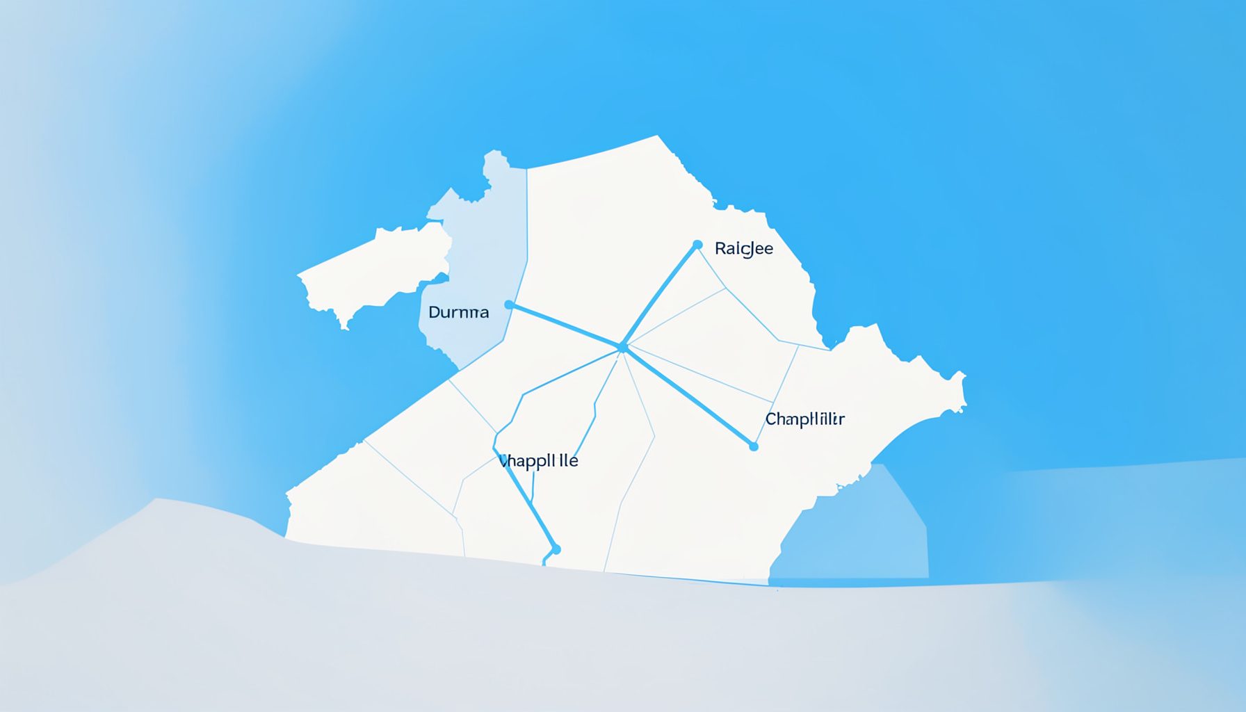 A clean, stylized map of the Research Triangle region of North Carolina showing Raleigh, Durham, and Chapel Hill connected by soft blue lines, set against a light neutral background.