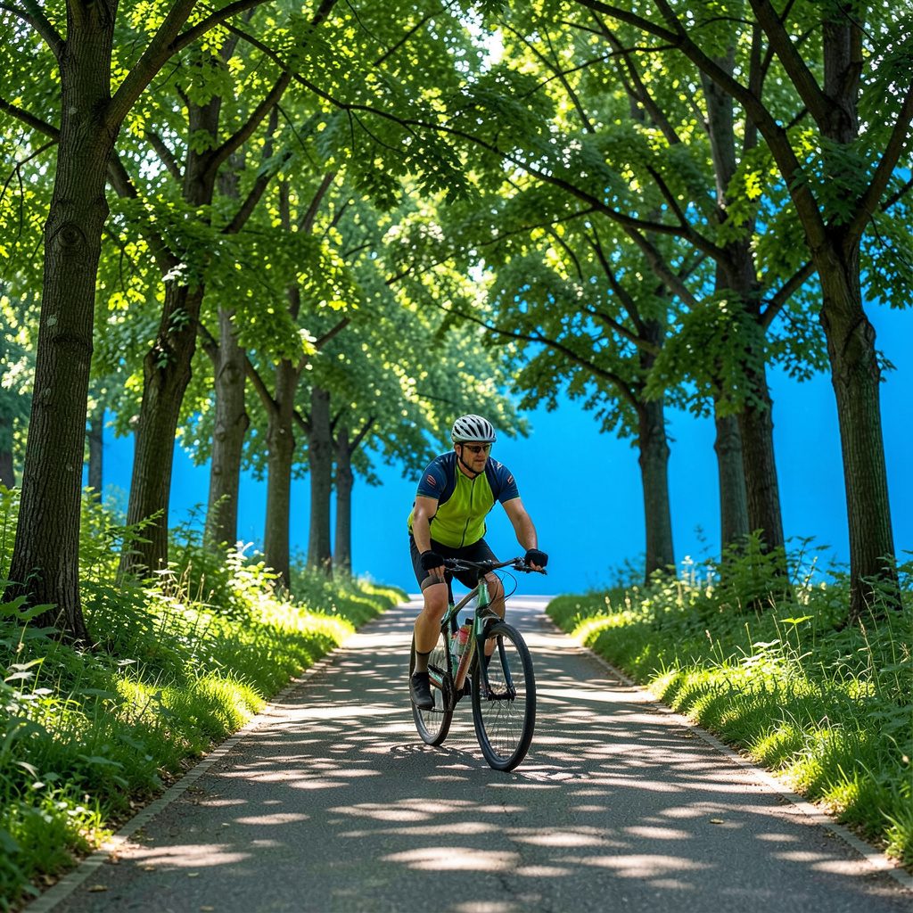 A bicycle commuter on a tree-lined greenway path, with dappled sunlight filtering through the canopy.