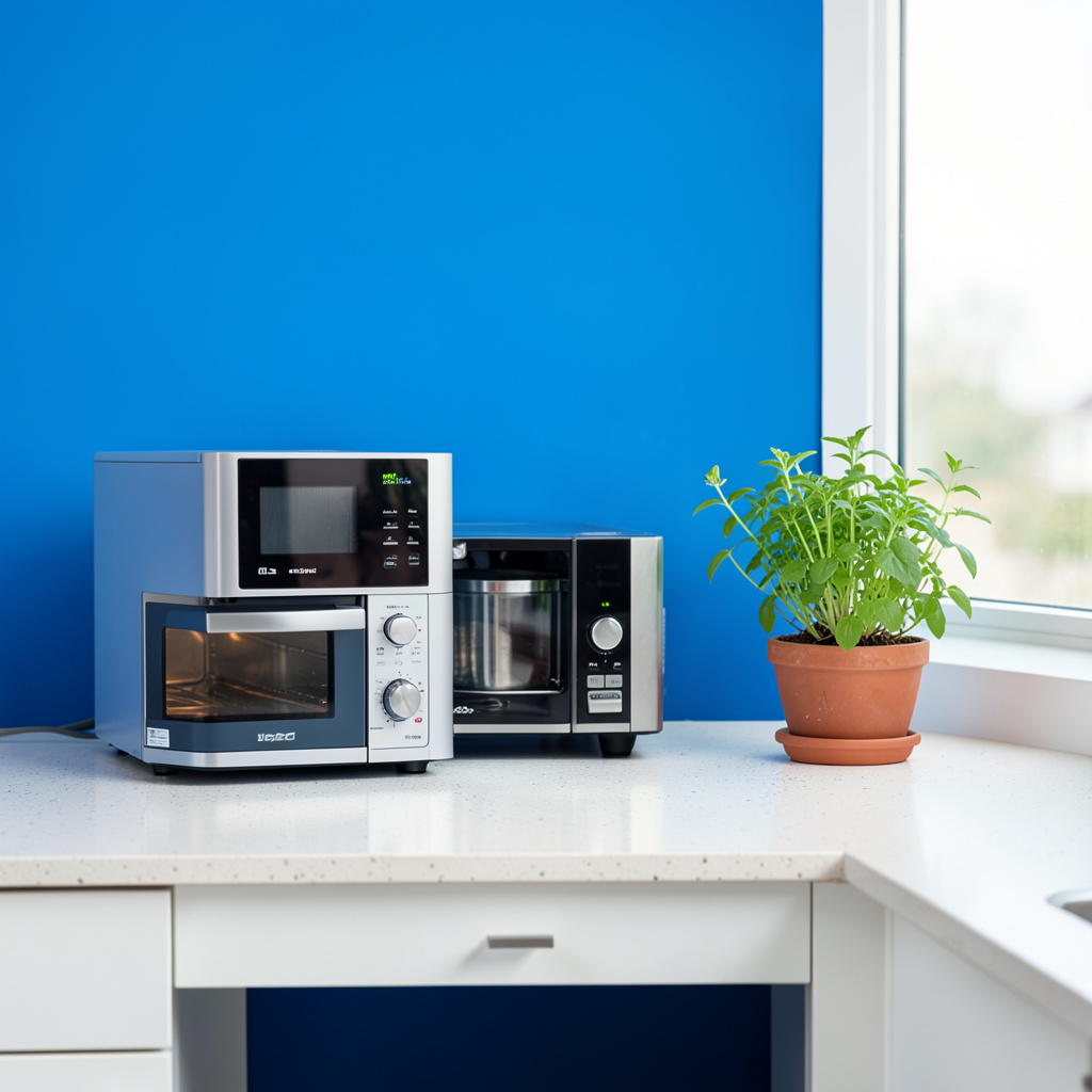 A kitchen counter with energy-efficient appliances and a small potted herb plant near the window.