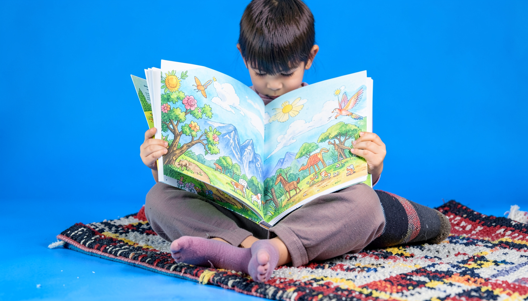 A child's hands holding a colorful illustrated book about air and nature, seated on a classroom rug.